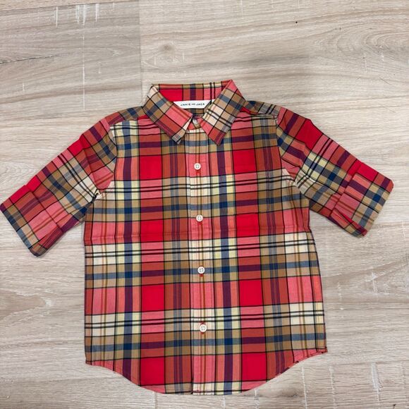 Janie and Jack Shirt Boy's Size 3 Red Tartan Plaid Rolled Sleeve Button Up NEW - Picture 1 of 8